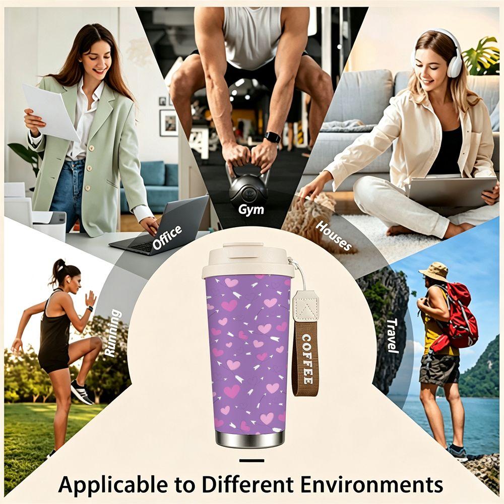 Cute Purple Heart and Cupid Arrow Print Insulated Coffee Tumbler Double Walled Vacuum Thermal Travel Cup Leakproof Reusable Mug for Women Gift