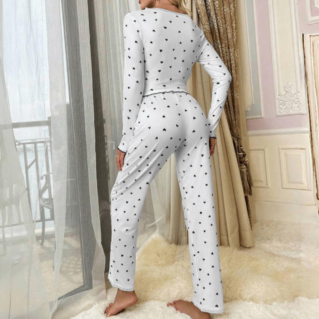 Женская домашняя одежда пижама брюки с длинным рукавом свободная и удобная сексуальное кружево принт с сердечками V-образный вырез комплект из двух предметов