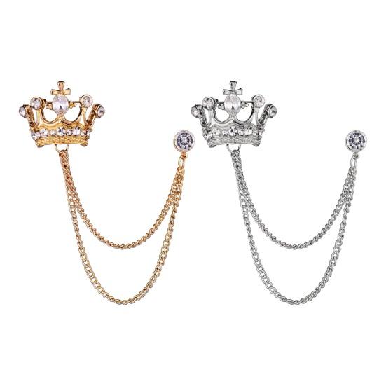 Men Retro Brooch English Style Crown Shape Rhinestone Tassel Decor Suit Coat Chest Decoration Formal Event Wedding Business Occasions Clothes Jewelry