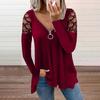Women S V Neck Solid Casual Top With Rhinestones Long Sleeve
