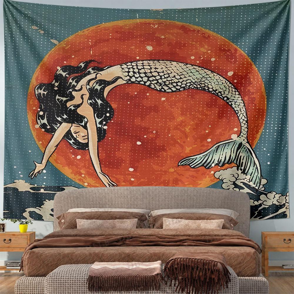 Mermaid Ukiyo E Moon Tapestry Wall Hanging Japanese Ocean Art Decor for Bedroom Living Room