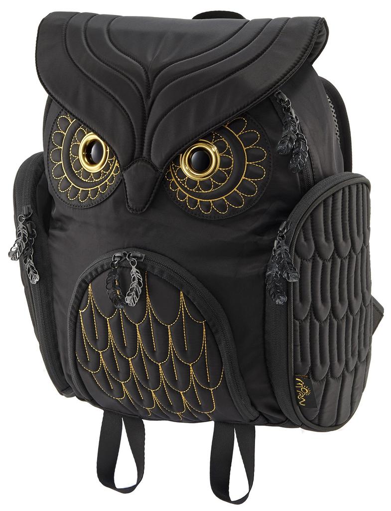 MORN CREATIONS Owl Classic Backpack M Size Gold Embroidery Black