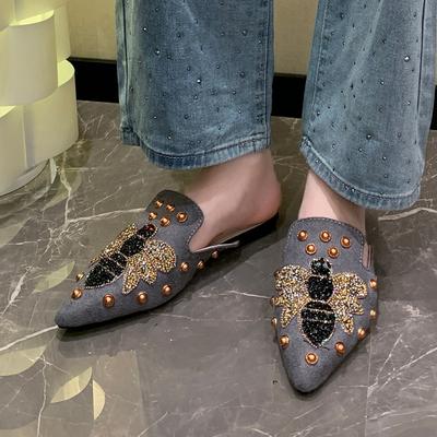 Женские тапочки, лоферы на плоской подошве, бабочки, пайетки, новинка 2024 года, повседневные легкие женские тапочки с острым носком, без застежек