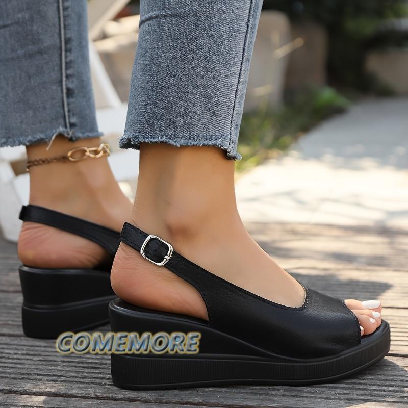 Fashion Women Solid Color Platform Sandals Ankle Buckle Strap Soft Sole Casual Summer Shoes Peep Toe Wedge Shoes Fashion Outdoor Comfort