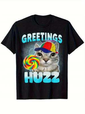 Приветствия Huzz Fun Cat Meme Футболка Мягкая Дышащая С круглым вырезом с Радужным Леденцом и Праздничной Шляпой Уличная Одежда Мужская Одежда