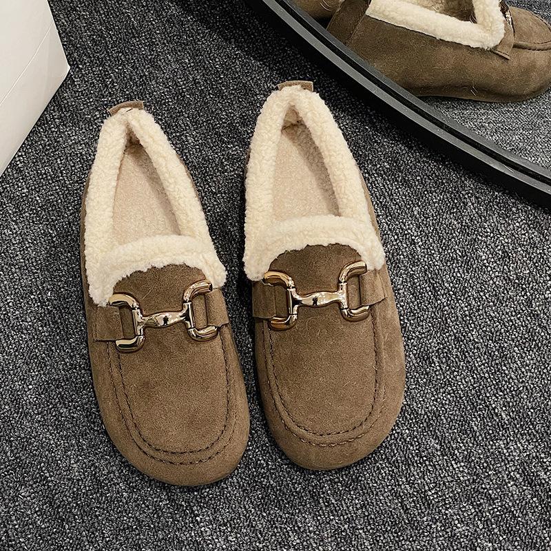 Плоская подошва с круглым носком осенне-зимние новые мягкие подошвы из мягкой кожи бархатные теплые маленькие кожаные туфли женские хлопковые туфли