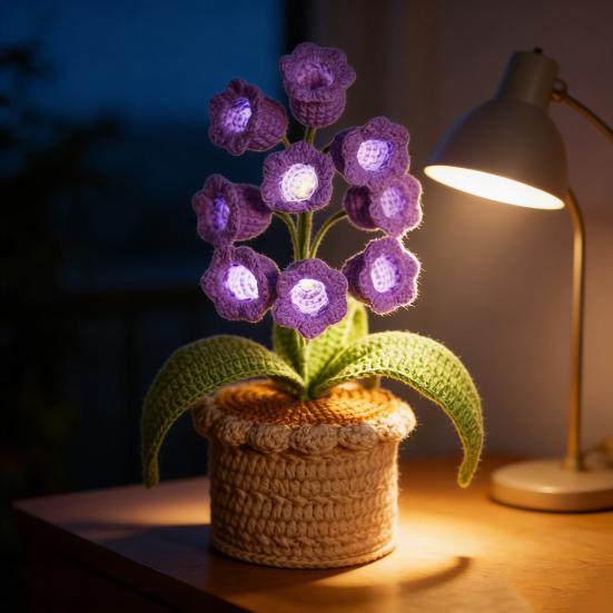 Lily of The Valley Lamp Crochet Artificial Flower Night Light Handmade Potted Plant Table Lamp for Women Wife Girlfriend Birthday Christmas Valentine