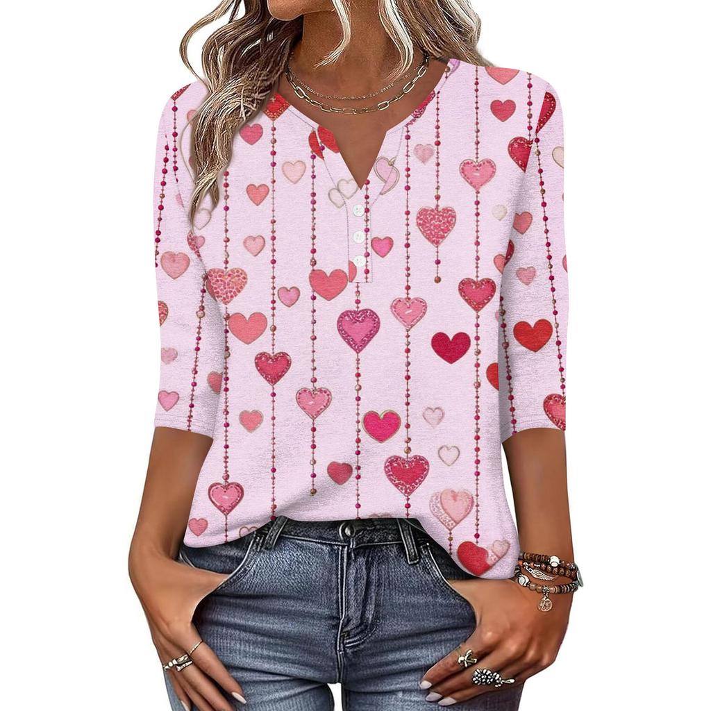 Жен. Футболка С принтом Пуговицы Рукав 3/4 Повседневные Выходные Мода Классический Классический V-образный вырез Обычный Верх