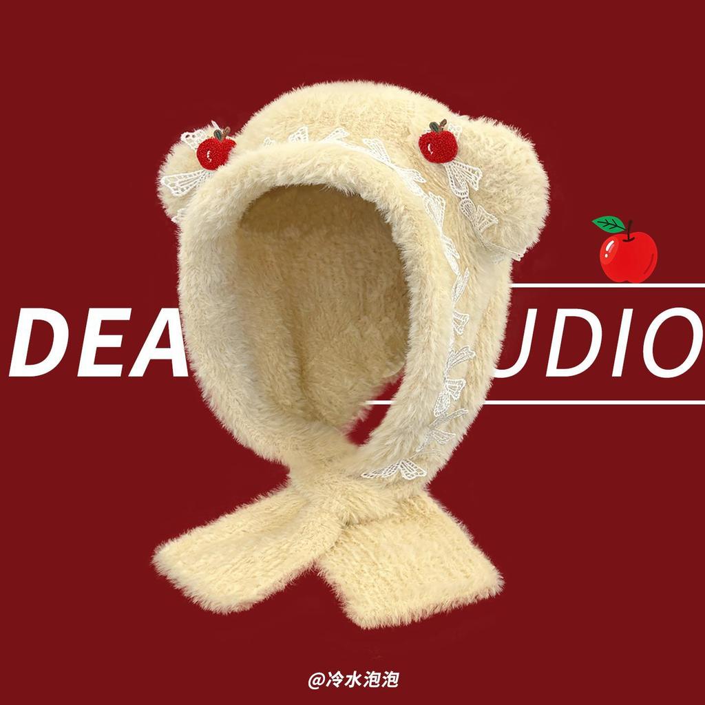 Winter Thickened Hairy Bear Ears Pullover Hat Children's New Apple Lace Edge Neck Protector Bow Hat Tide