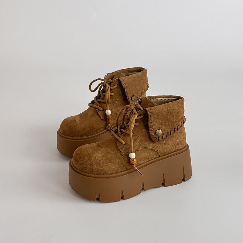 Retro Solid Color Design, Thick-soled Lace-up Folding Martin Boots for Women's 2025 Autumn and Winter New Models, Small People Increase Height and