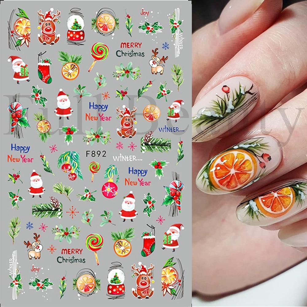 Рождественские наклейки для ногтей Пингвин Санта-Клаус Лось Дерево Олени Медведи Мультяшные ползунки Белые снежинки Наклейки Украшения для дизайна ногтей