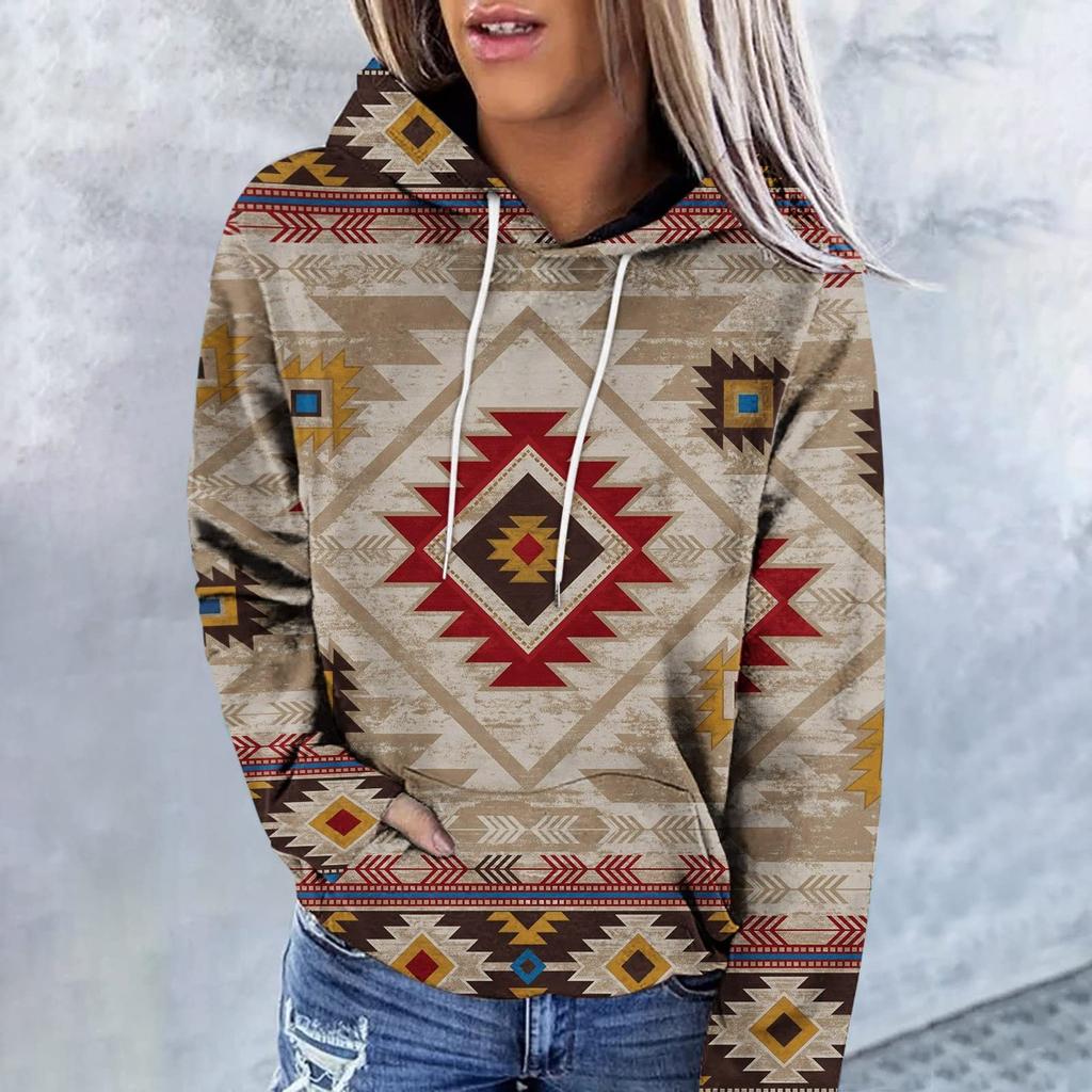 Women's Fashion Casual Ethnic Style Printed Long Sleeved Hooded Sweater Top