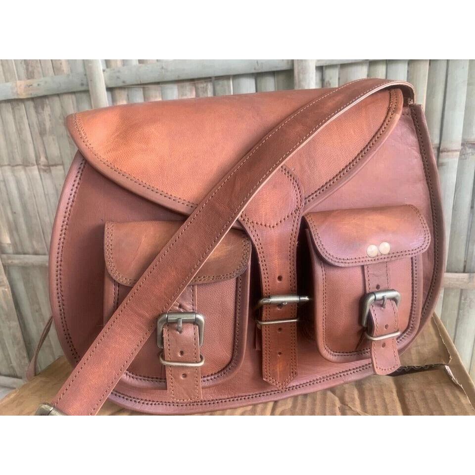 New Vintage Saddle Bag Genuine Goat Leather Brown Messenger Shoulder Big Capacity