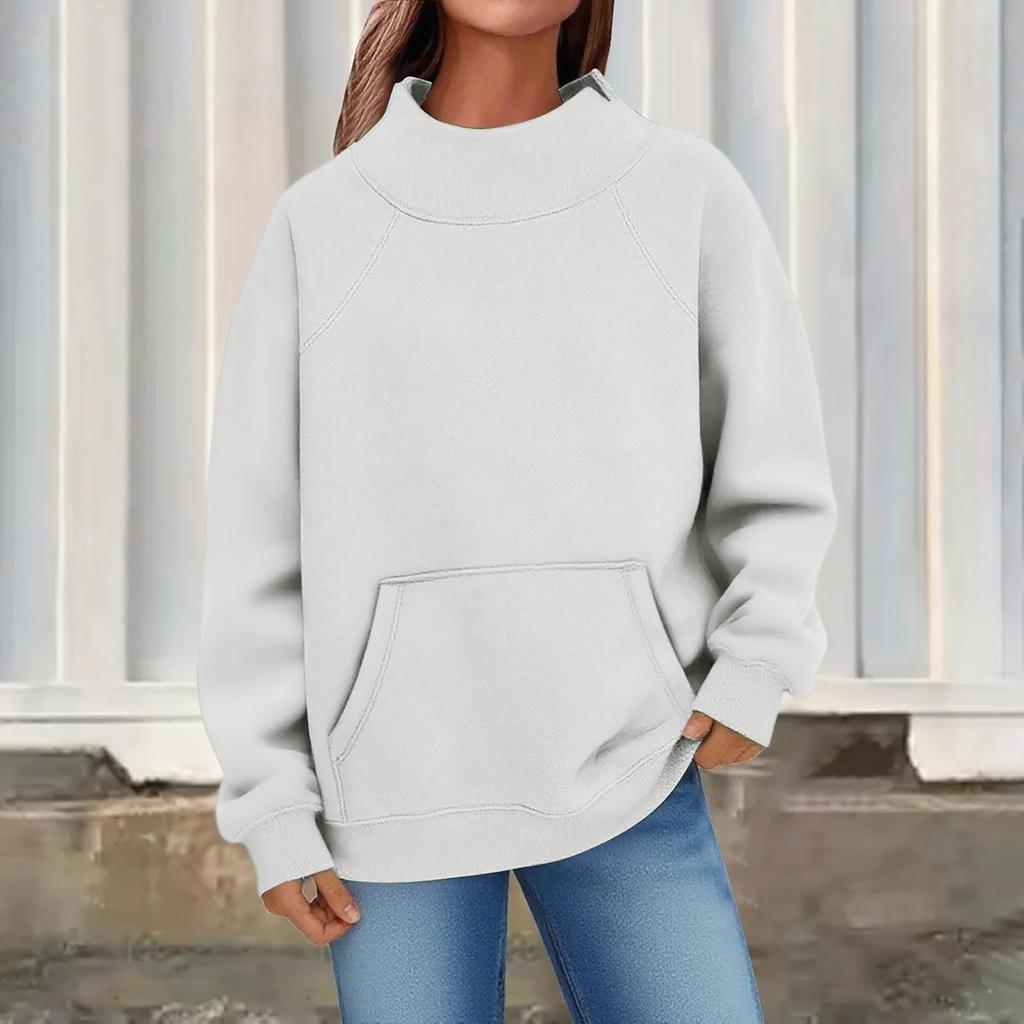Women's Fashion Oversized Fleece-Lined Long-Sleeve High-Neck Pullover Solid Color Sweatshirt