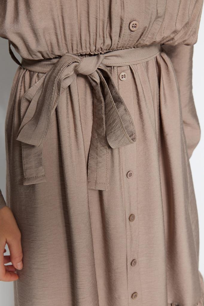 Women's Fashion New Hijab Dress Mink Belted Shoulder Detailed Skirt Flounced Woven Shirt Dress