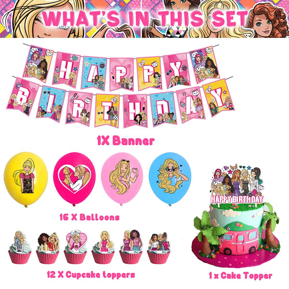 30pcs Pink Barbie Princess Party Decoration Includes Banner Cake Topper Balloons