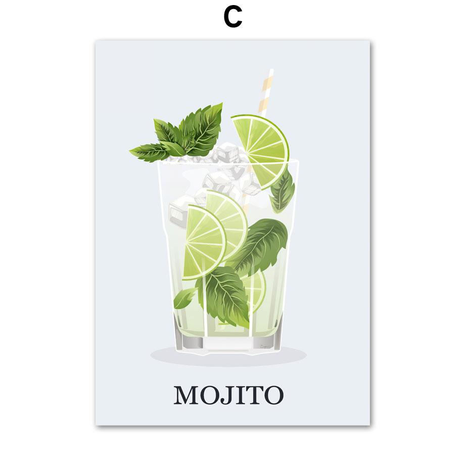 Текила Маргарита Мартини Мохито Коктейль Плакат на скандинавскую тему Настенный художественный принт Холст Картина Декор для кухни фотографии для гостиной