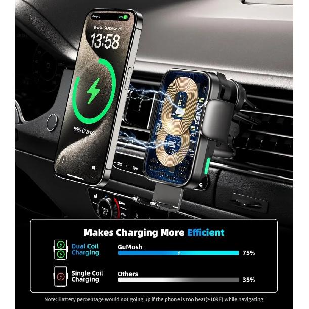 15W Car Phone Holder Wireless Car Charger Dual Coil Dash Vent Windshield Auto Clamping Charging Phone Holders for iPhone S24/S23