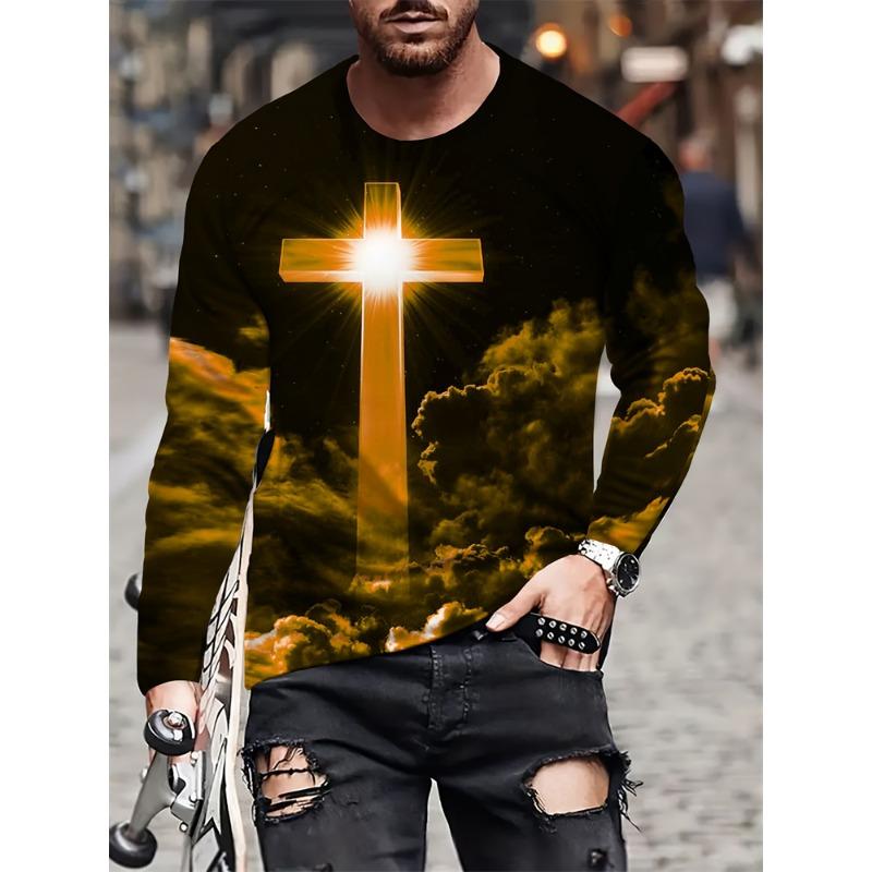 Street Fashion Men's Long-sleeved T-shirt Spring/Summer Men's Daily Casual T-shirt 3D Cross Print Men's Long-sleeved T-shirt