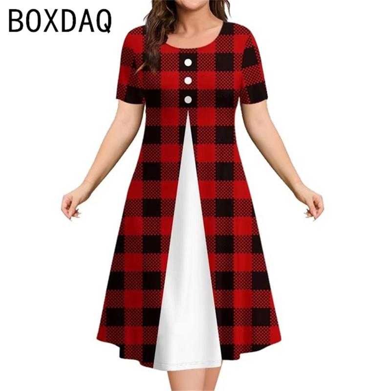 Women Vintage Black White Plaid A3D Prints Dress Summer Short Sleeve O-neck A-Line Dress Big Size Elegant Women's Dress