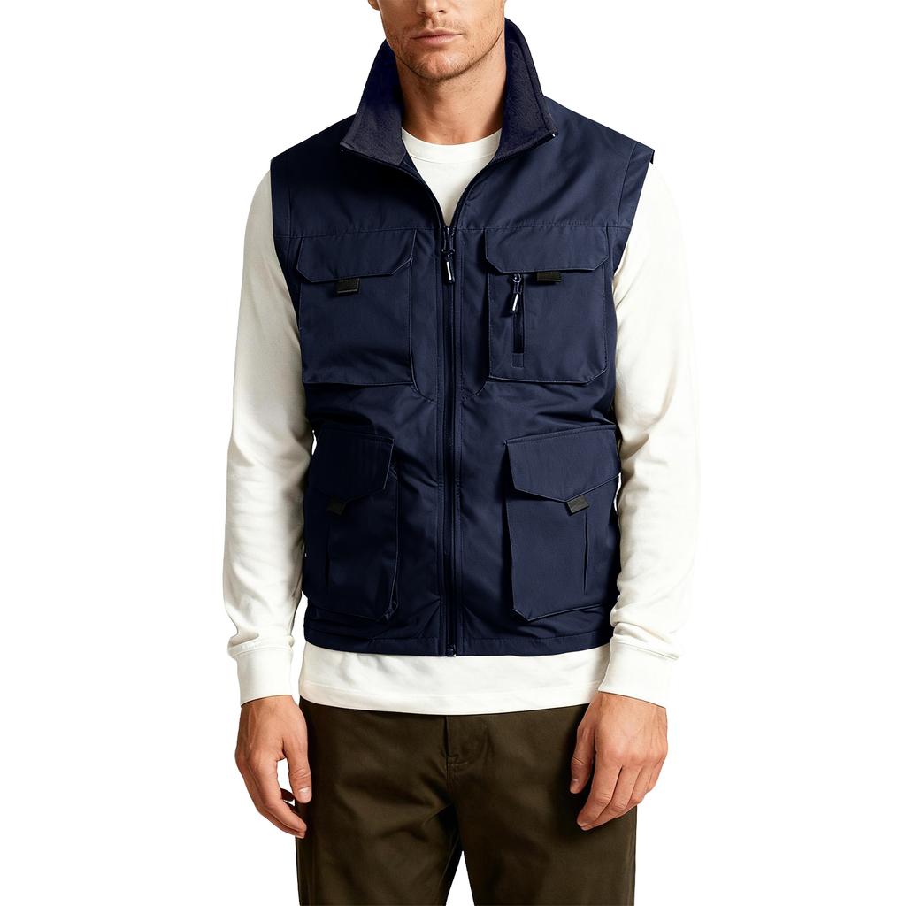 Men's Outdoor Cargo Vest Fishing Work Travel Photo Vests Zip Up Stand Collar Sleeveless Jacket With Pockets