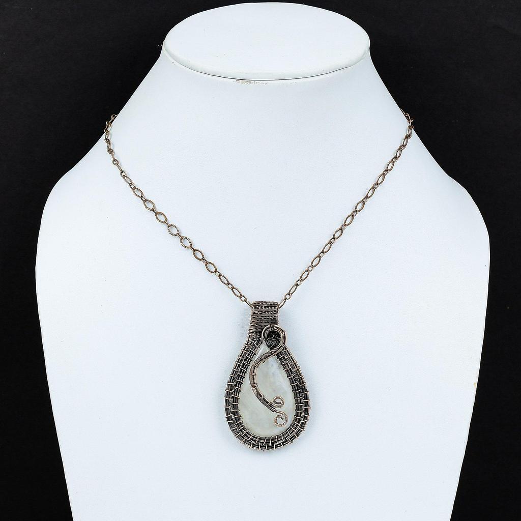 Кулон из лунного камня, обернутый медной проволокой 999 пробы, кулон из драгоценного камня ручной работы, подарок для мамы, антикварное украшение