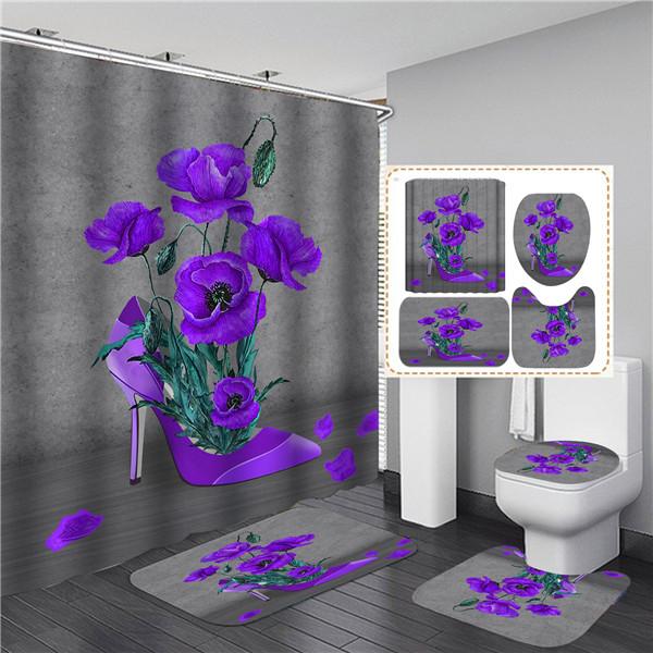 Водонепроницаемые наборы занавесок для душа с ковриками с цветочным принтом Товары для ванной комнаты Чехол на сиденье унитаза Нескользящий напольный коврик Коврики для туалета Ковер