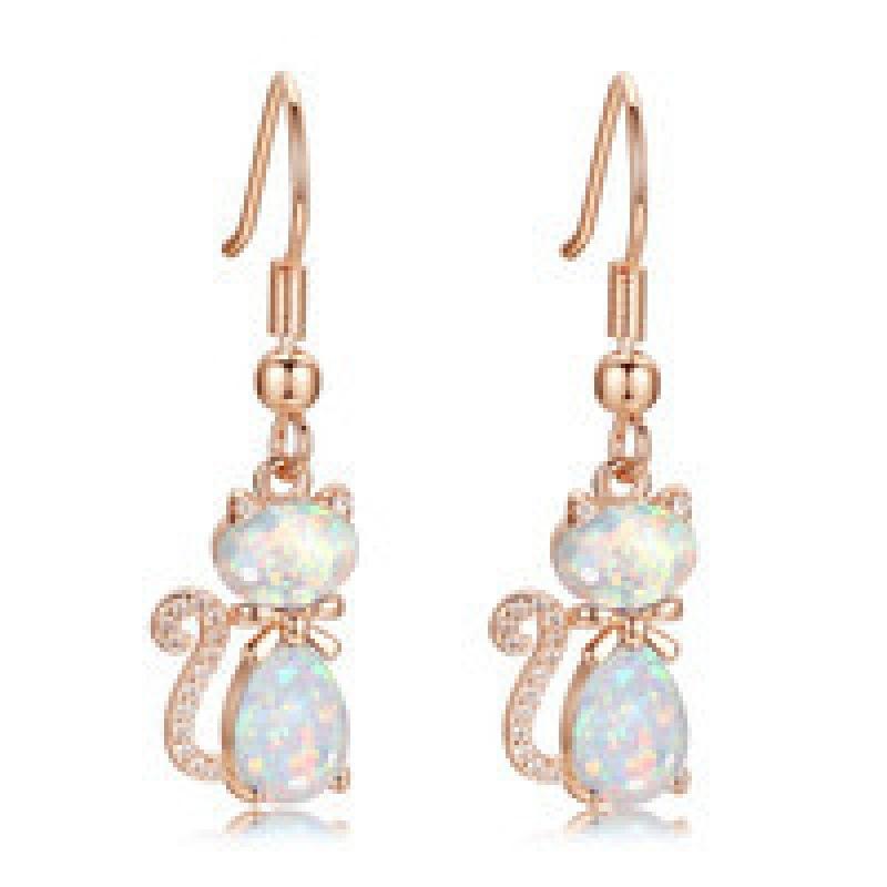 Wish White Gold Rose Gold Blue and White Opal White Diamond Cat Bow Earrings Versatile Ear Hook
