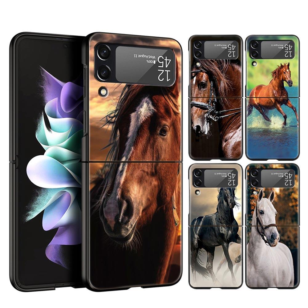 Running Horse Animal Phone Case For Samsung Galaxy Z Flip3 Flip4 Flip5 Shell For Z Flip 3 Flip 5 4 5G Black Hard Folding Cover