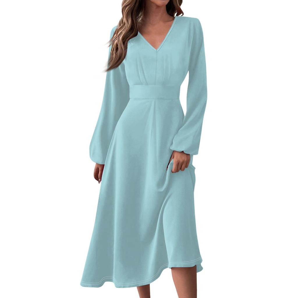 Women's  And Winter Casual Fashion V-neck Long Sleeve Solid Color Long Dress