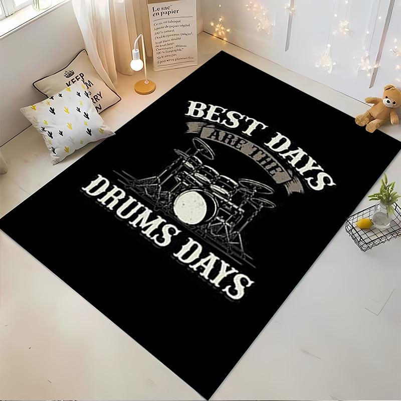 "Black Carpet with Drum Kit Design and 'Best Days' Text Print" Suitable for use as an anti-slip for living room bedroom sofas