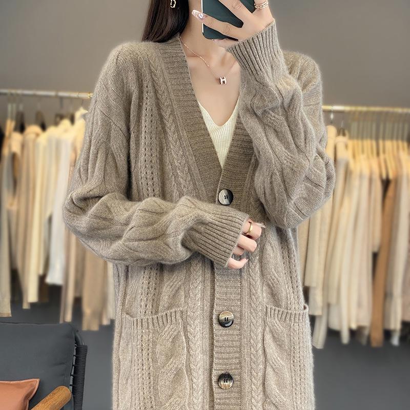 V-neck Pure Wool Loose Knit Cardigan – Long Sleeve Autumn/Winter Sweater