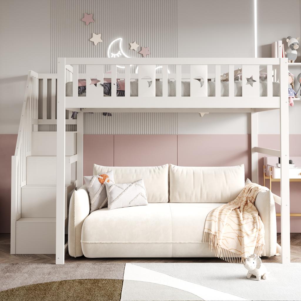 Bunk Bed for Children 140*200 with Staircase, High Bed made of Solid Wood with Safety Railing, Star and Moon Decoration. White
