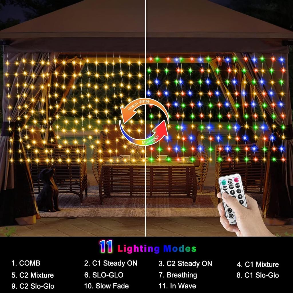 ZAIYW 20Ftx3Ft Curtain Lights Outdoor LED Fence Lights with Remote Timer