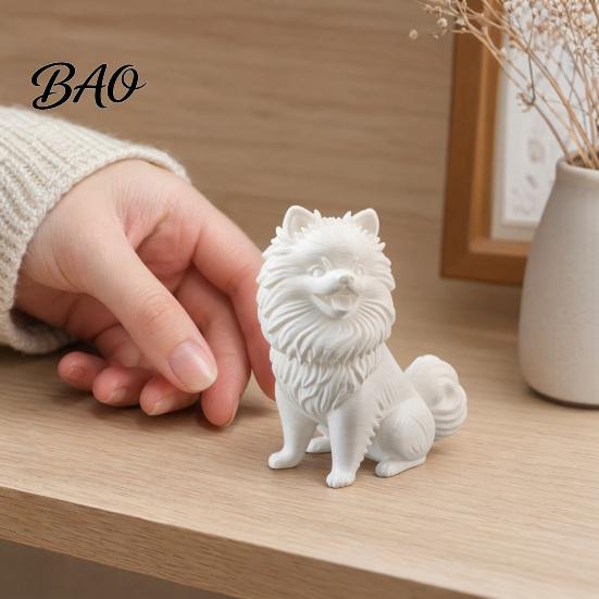 Versatile Home Style Accessory 3D Printed Cute Pomeranian Dog Figurine, White Twisting Head Puppy Statue, Small Exquisite Hair Texture Decor