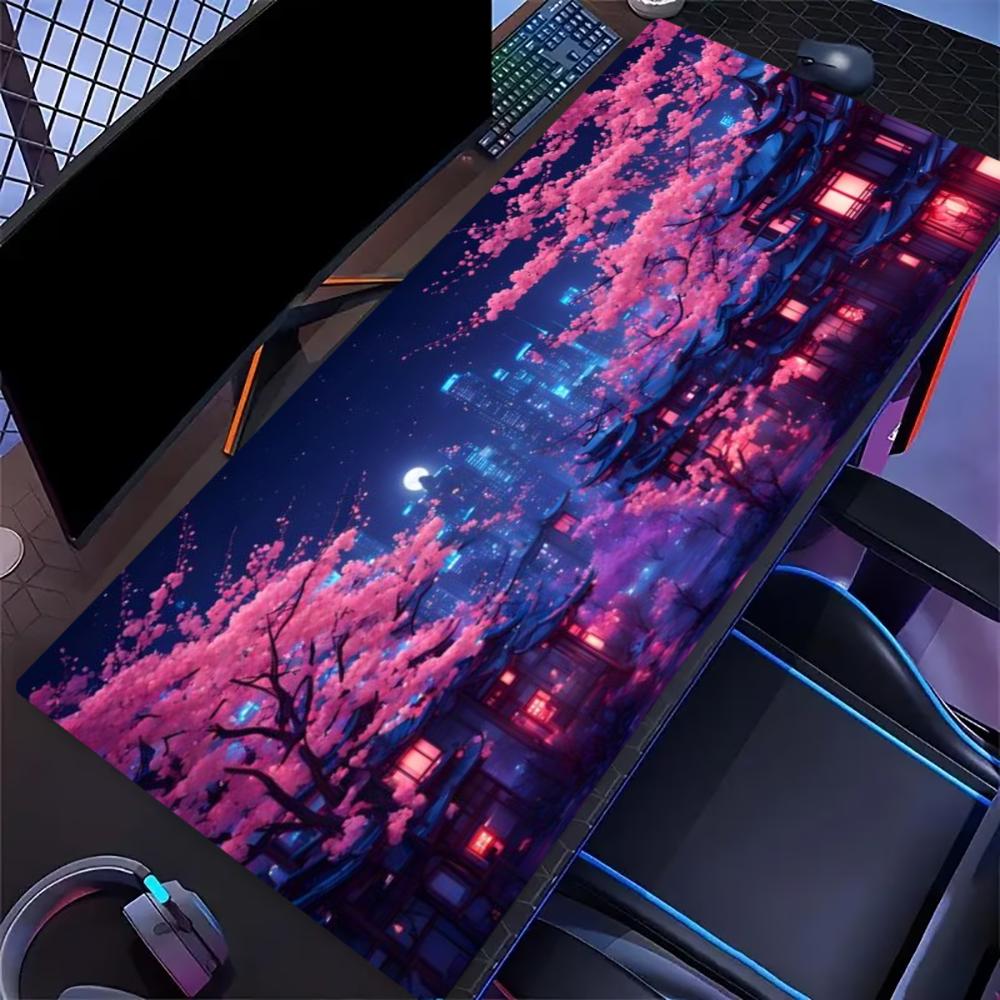 Japanese Night Sakura Town Extended Gaming Mouse Pad Non Slip Desk Surface Cherry Blossom Landscape Print For Gaming And Office