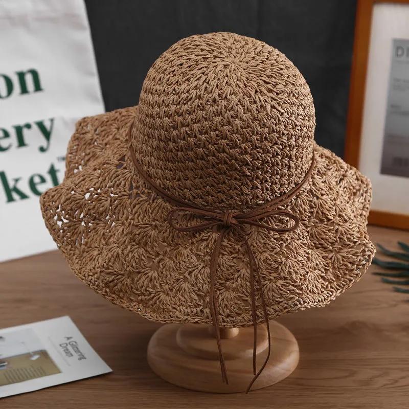 Women's Summer Hollow Out Straw Bow Hat Sunscreen Hat Foldable Vacation Beach Hat Crochet Fisherman Hat All Match Sun Hat
