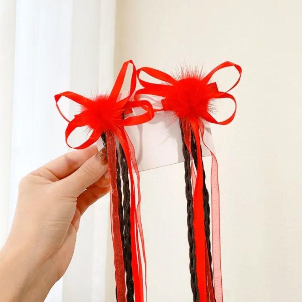 2pcs Hanfu Headdress Children Red Hairclip Flower Tassel Bow Wig Braid Hairpin New Year Headwear
