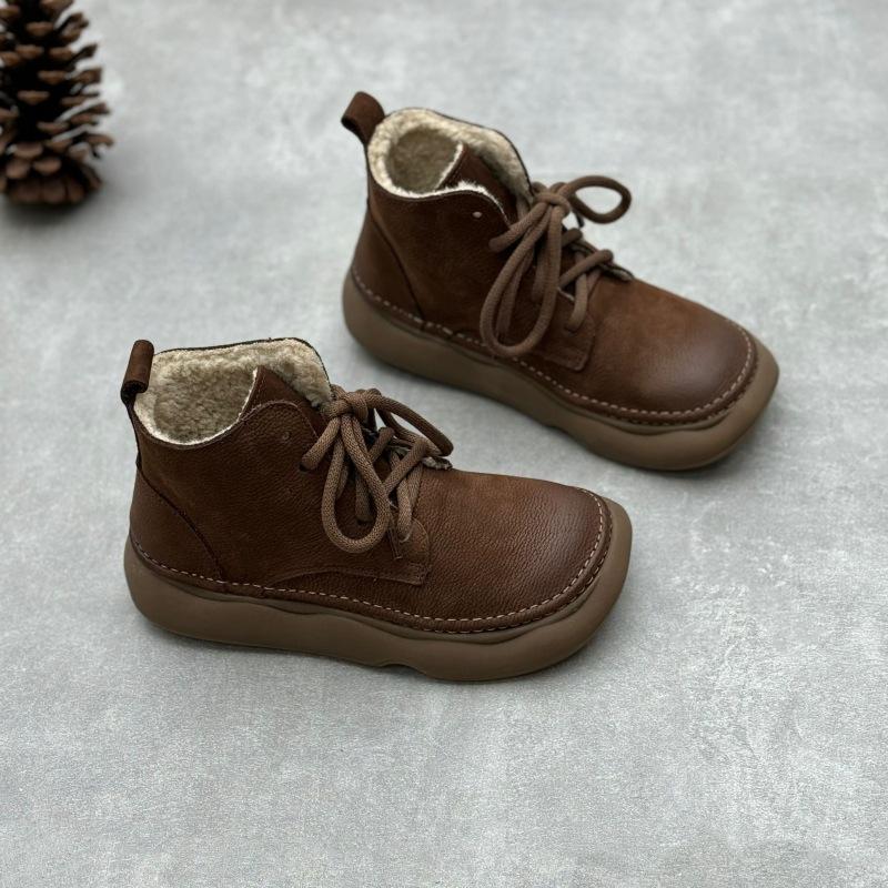 Johnature Ретро-ботинки из натуральной кожи, короткие, с широким носком, со шнуровкой, из коровьей кожи, с мягкой подошвой, женские ботинки