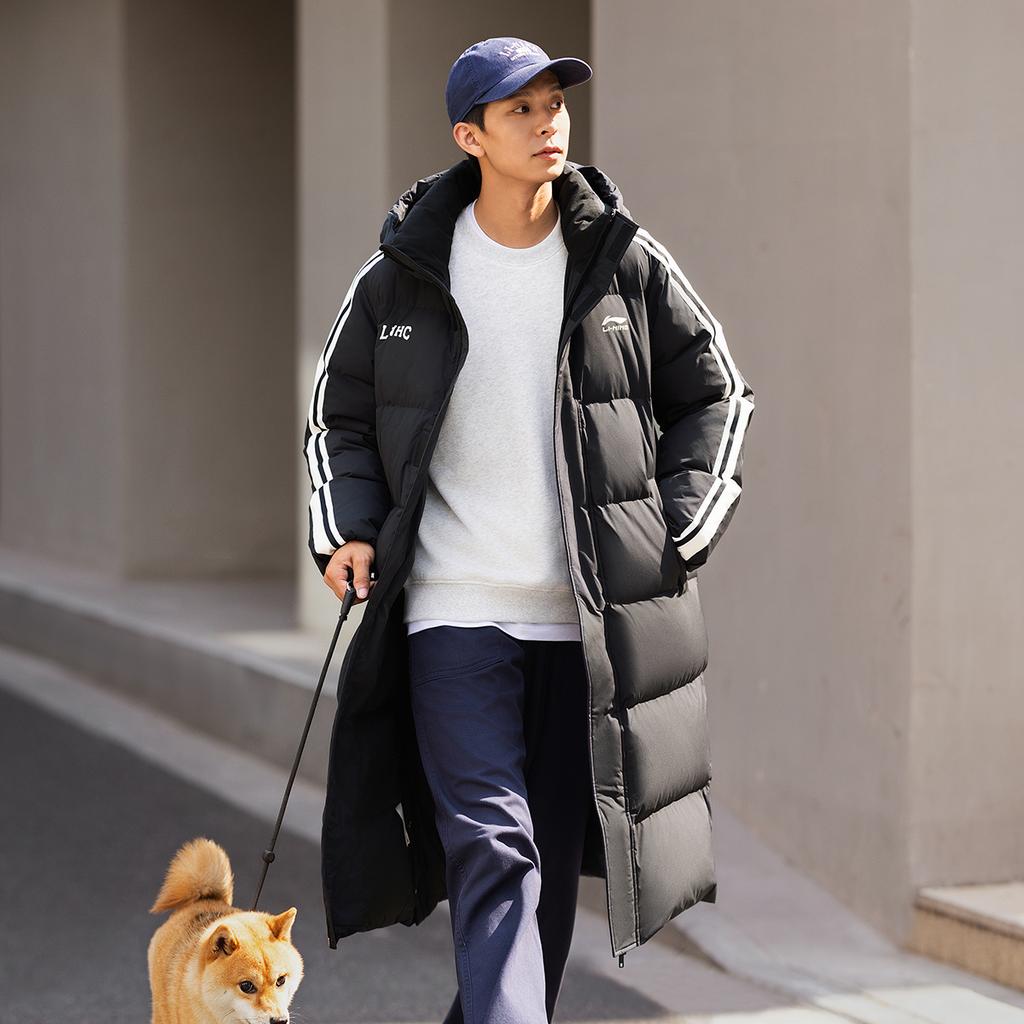 Li Ning Hot Pot Down Series водоотталкивающая дальняя инфракрасная теплая куртка с капюшоном на молнии для отдыха на открытом воздухе повседневная зимняя длинная куртка-пуховик для мужчин верхняя одежда черного цвета AYMU449-4