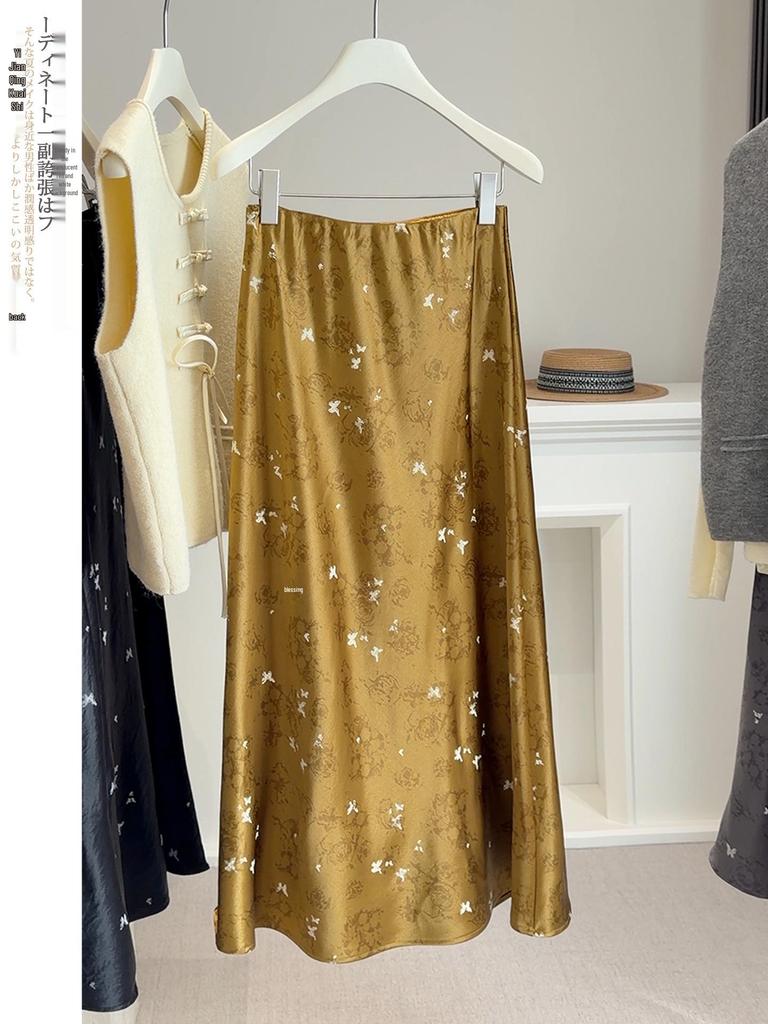 Женская юбка-русалка с высокой талией, весна 2026: Китайский стиль, принт с бабочками и утягивающий сатин