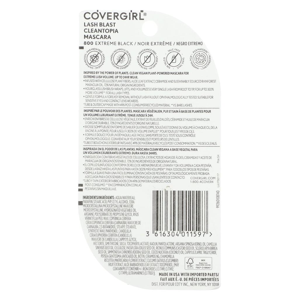 Covergirl Lash Blast, Cleantopia Mascara, 800 Extreme Black, 9.5ml (0.32fl Oz)