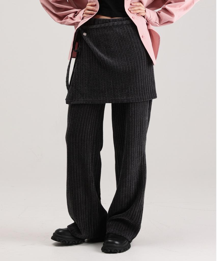 WHEN YOU MOVE String Velour Ribbed Wrap Skirt Pants Set Charcoal