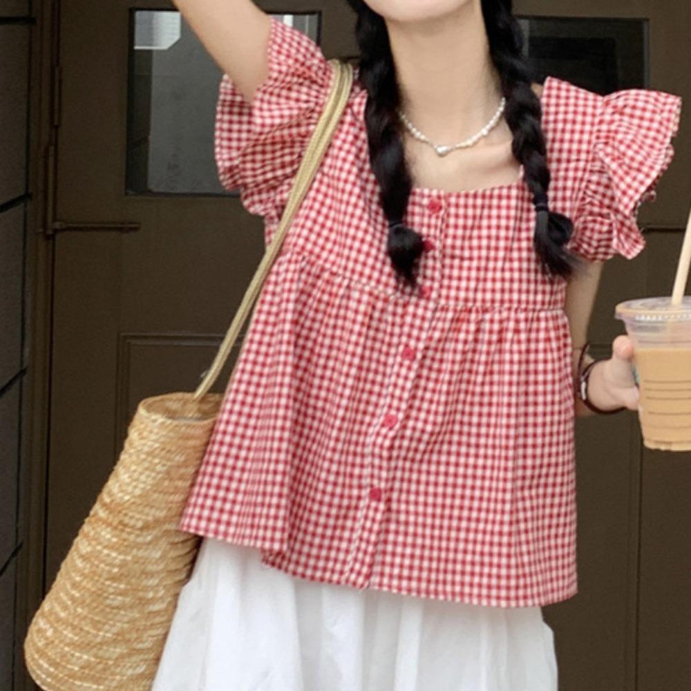 Оборки Милый свободный топ без рукавов с летящими рукавами Укороченный топ Шикарные клетчатые блузки для женщин и девочек