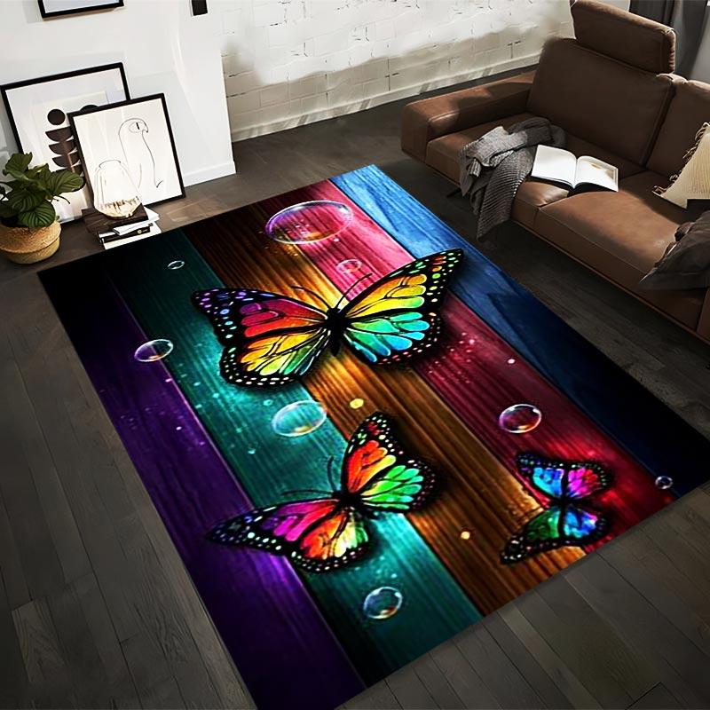 Colorful Butterfly Pattern Carpet with Wooden Background Design Suitable for use as an anti-slip for living room bedroom sofas