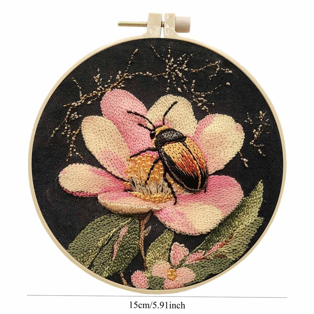 1 набор для вышивания своими руками с цветочной и жуковой тематикой, включая инструменты и учебники по стежкам для начинающих.