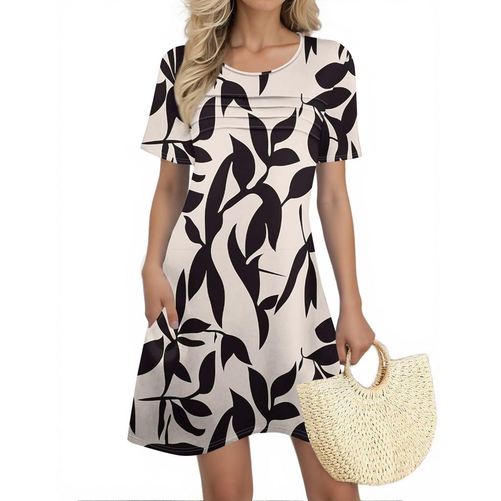 Женские летние платья Женские летние платья с цветочным принтом Повседневные платья с коротким рукавом и круглыми карманами