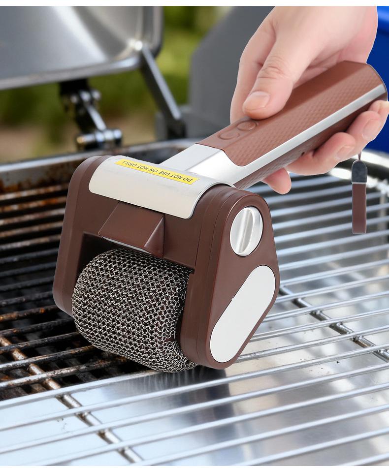 Rechargeable Stainless Steel Electric BBQ Brush with Light & Food-Grade Cleaning Roller
