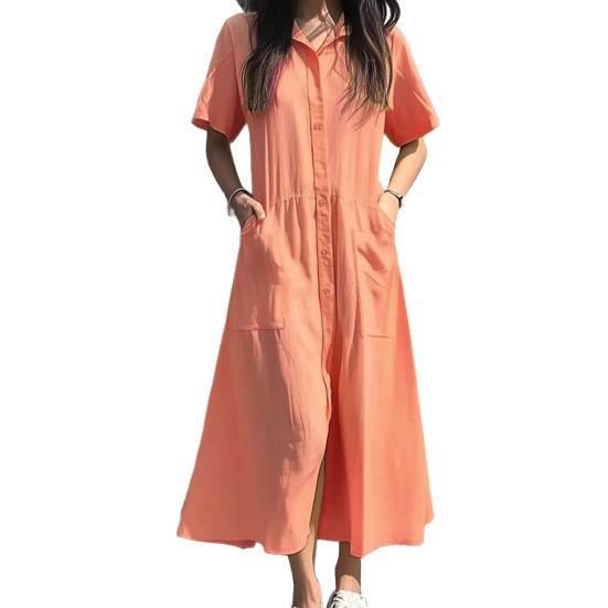 Женское платье с лацканами, короткий рукав, однобортное, повседневное платье с карманами, однотонное