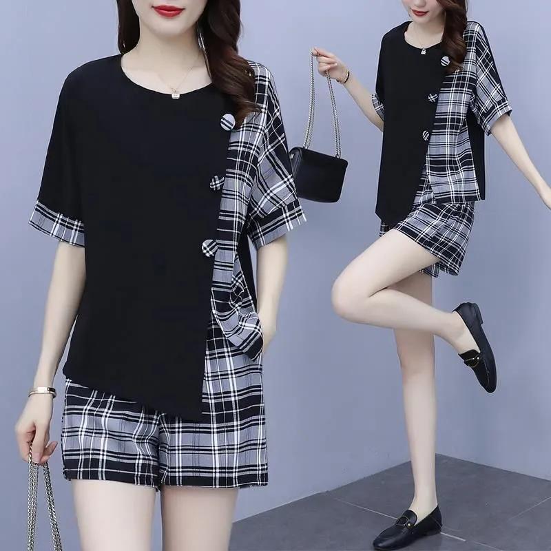 Женский летний комплект больших размеров Temperament, свободный тонкий топ с короткими рукавами + шорты, комплект из двух предметов